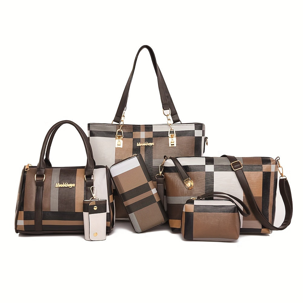 Checkered Faux Leather Handbag Set for Women with Tote Crossbody Shoulder Bags