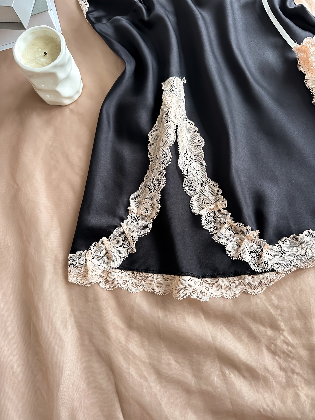 Solid Satin Lace Trim Nightgown for Women V-Neck Strappy Back Split Hem All-Season