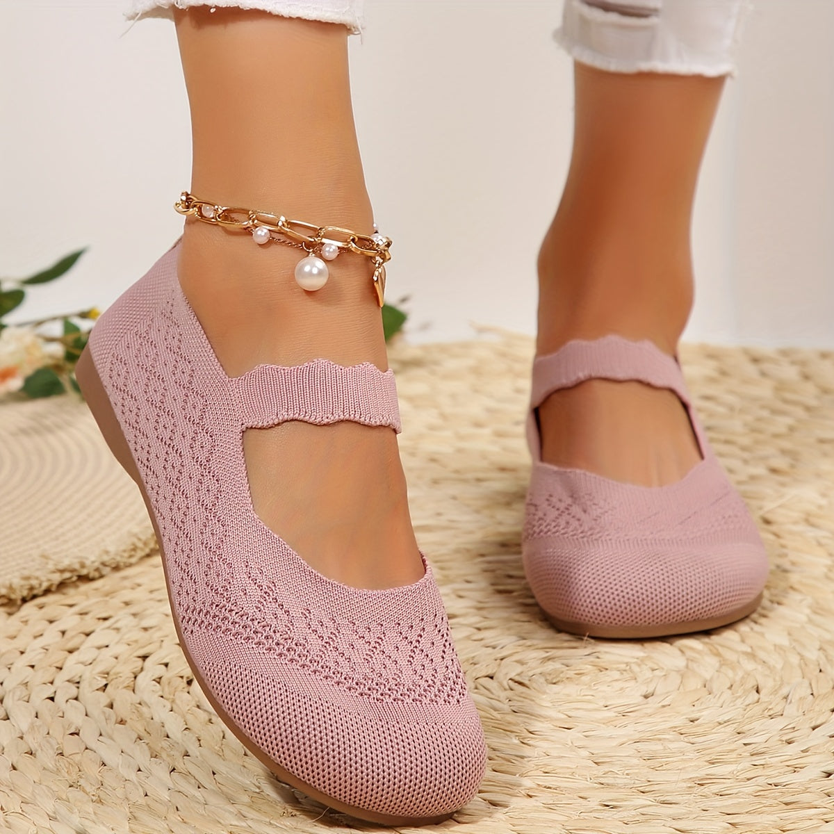 Women All-Season Knit Mary Jane Flats Solid Color Slip-On Round Toe Shoes
