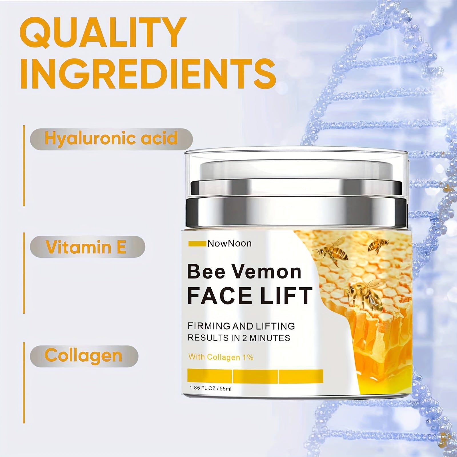 NowNoon Bee Vemon Instant Face Lift Cream - 1.85 fl. Oz terini siqadi, mustahkamlaydi va silliqlashtiradi, alkogolsiz formulasi bilan, barcha teri turlari uchun Hyaluron kislotasi o'z ichiga oladi.