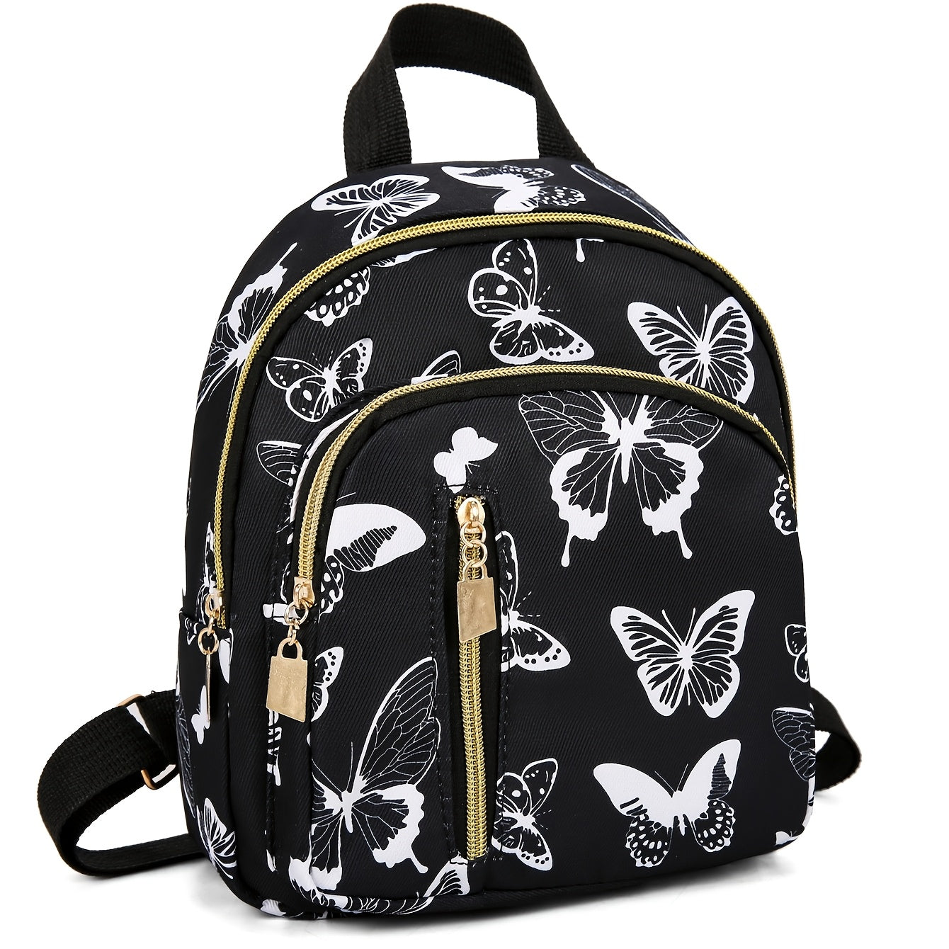 Qushlar naqshli, cho'ntaklari va zip yopilishi bo'lgan ayollar uchun zamonaviy qora mini ruksak.