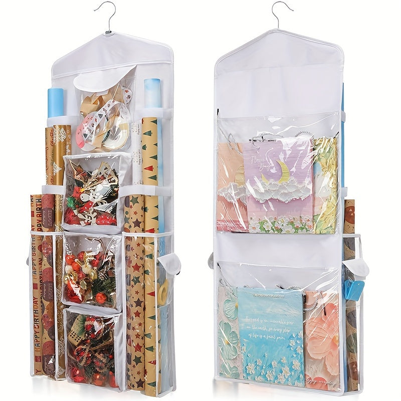 Double-Sided Hanging Wrapping Paper Organizer with Multiple Pockets for Gift Wrap Bows and Ribbons