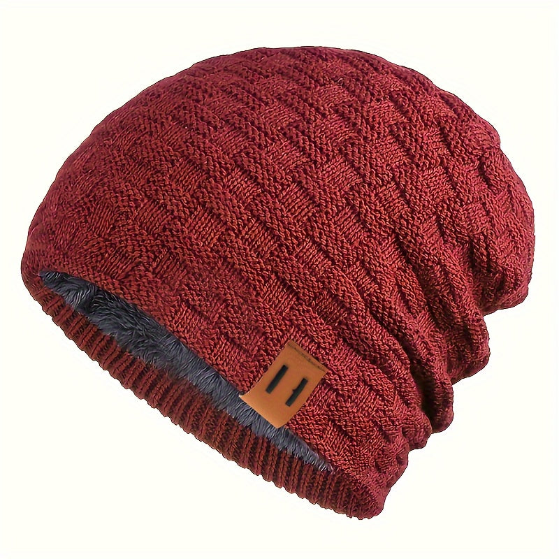 Men's Knit Beanie Winter Hat Faux Leather Patch Warm Windproof for Cycling Hiking