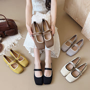 Women's Knit Square Toe Mary Jane Flats Yellow Fabric Casual Dressy Shoes