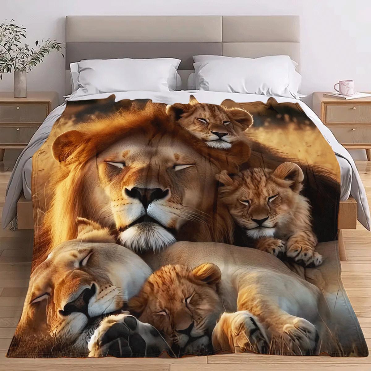 Vintage Lion Family Print Flannel Throw Blanket Yengil Polyester Sofaga mo‘ljallangan