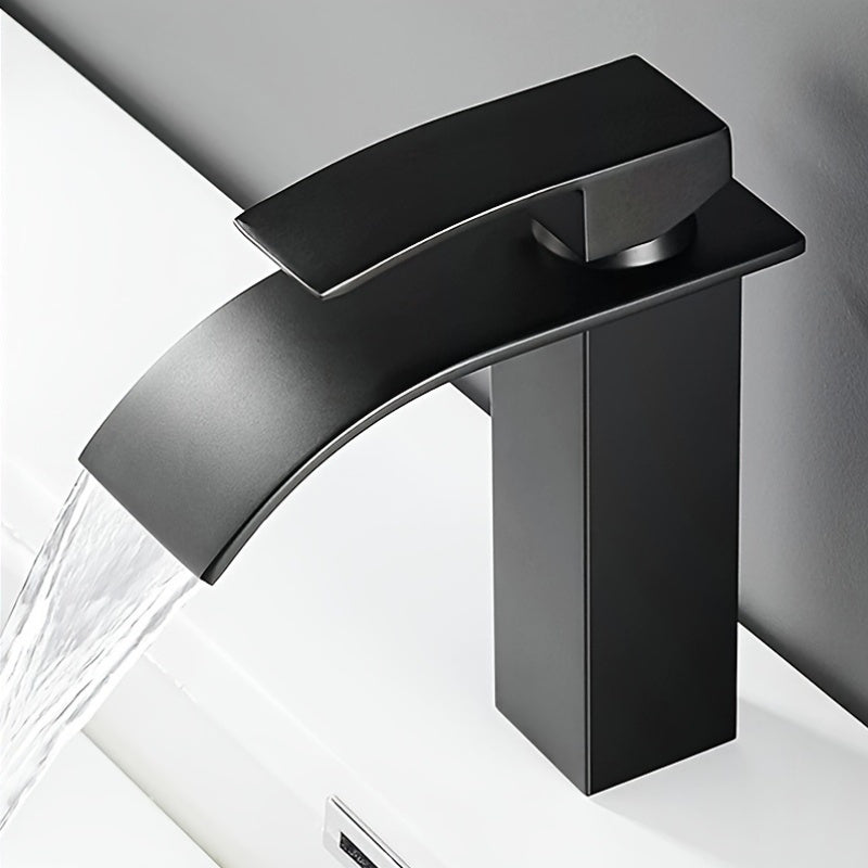 Black Brass Bathroom Sink Faucet Waterfall Spout Single Hole Deck Mount Ceramic Valve