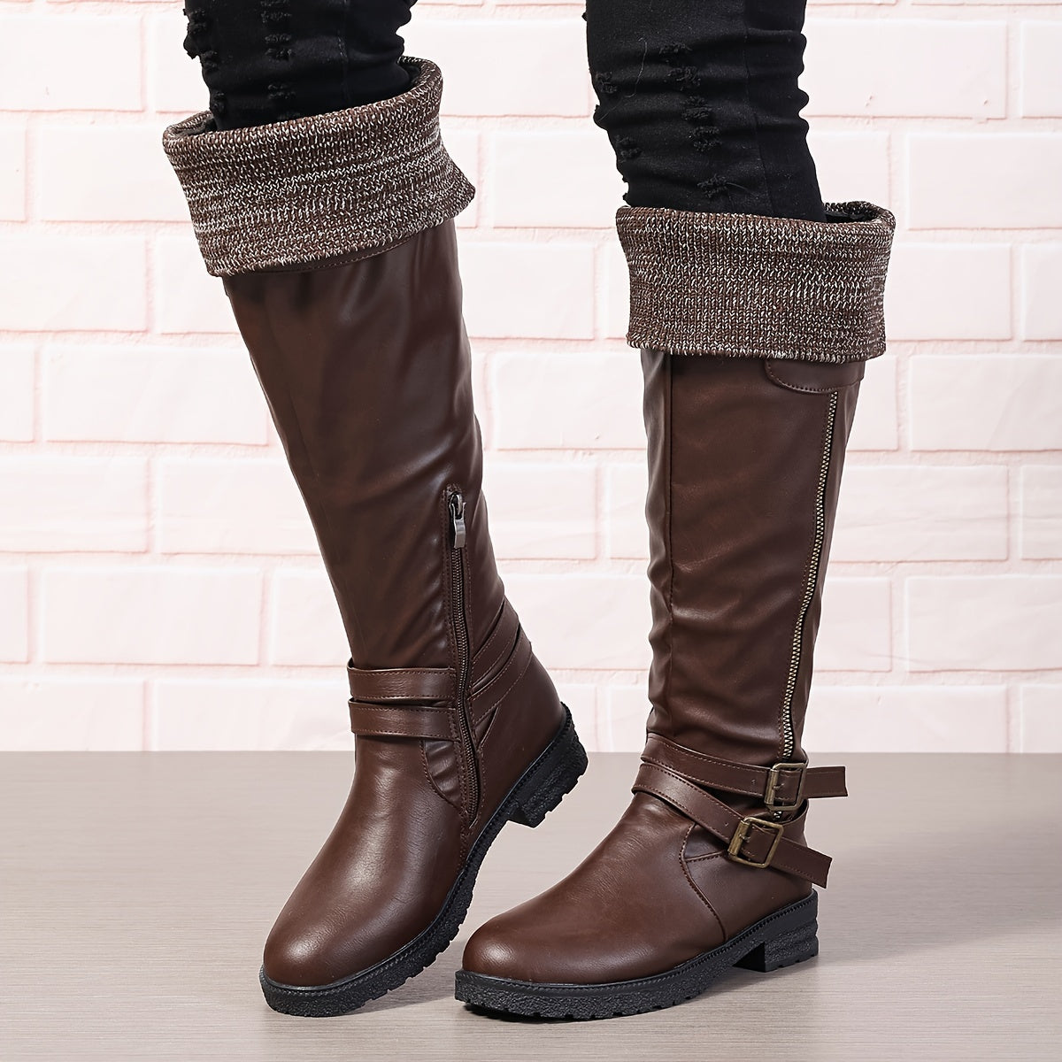 Women's Knit Long Winter Boots Brown Faux Cover Mid-Calf Chunky Heel