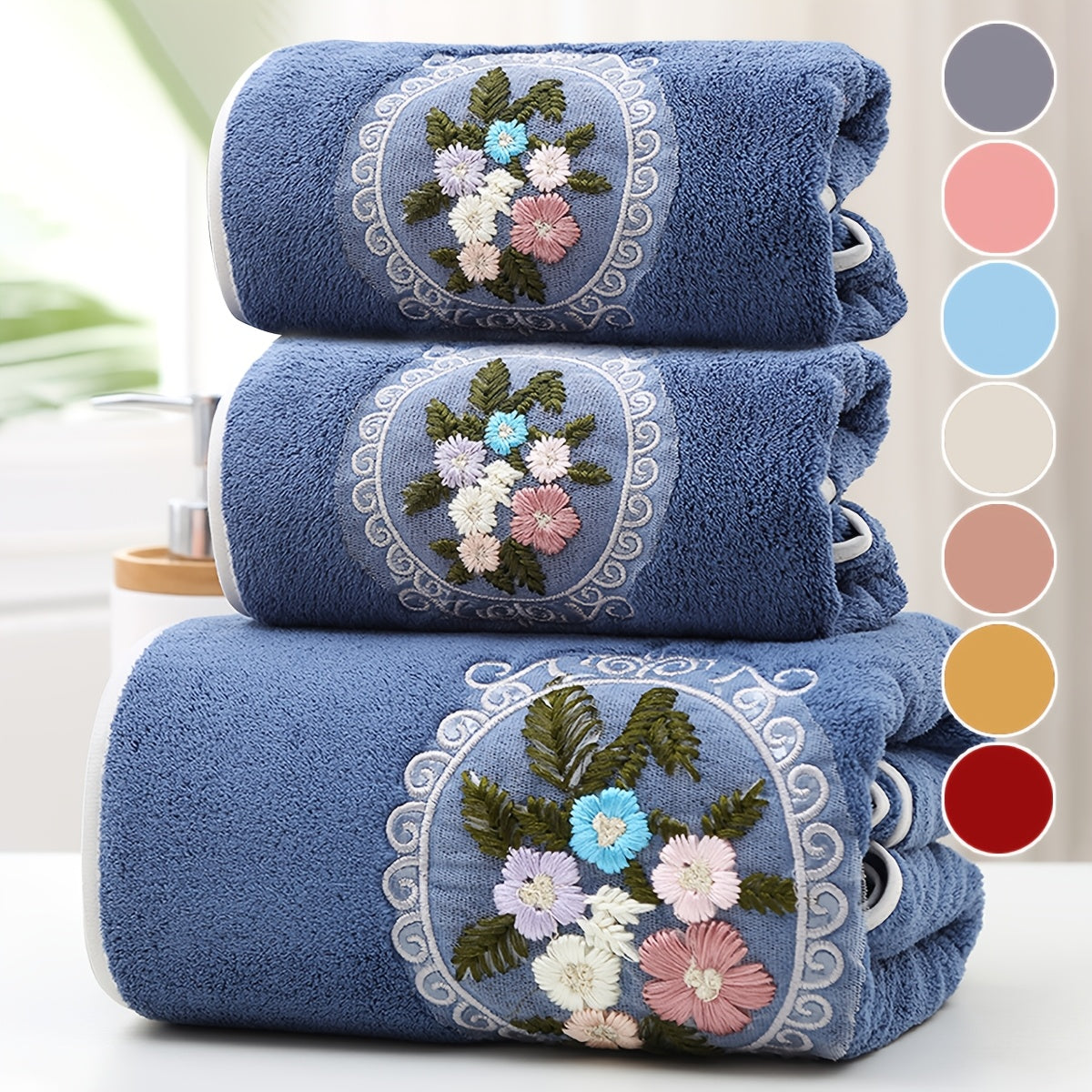 Set of 3 Coral Velvet Embroidered Bath Towels for Children and Adults 2 Small 35x75cm 1 Large 70x140cm
