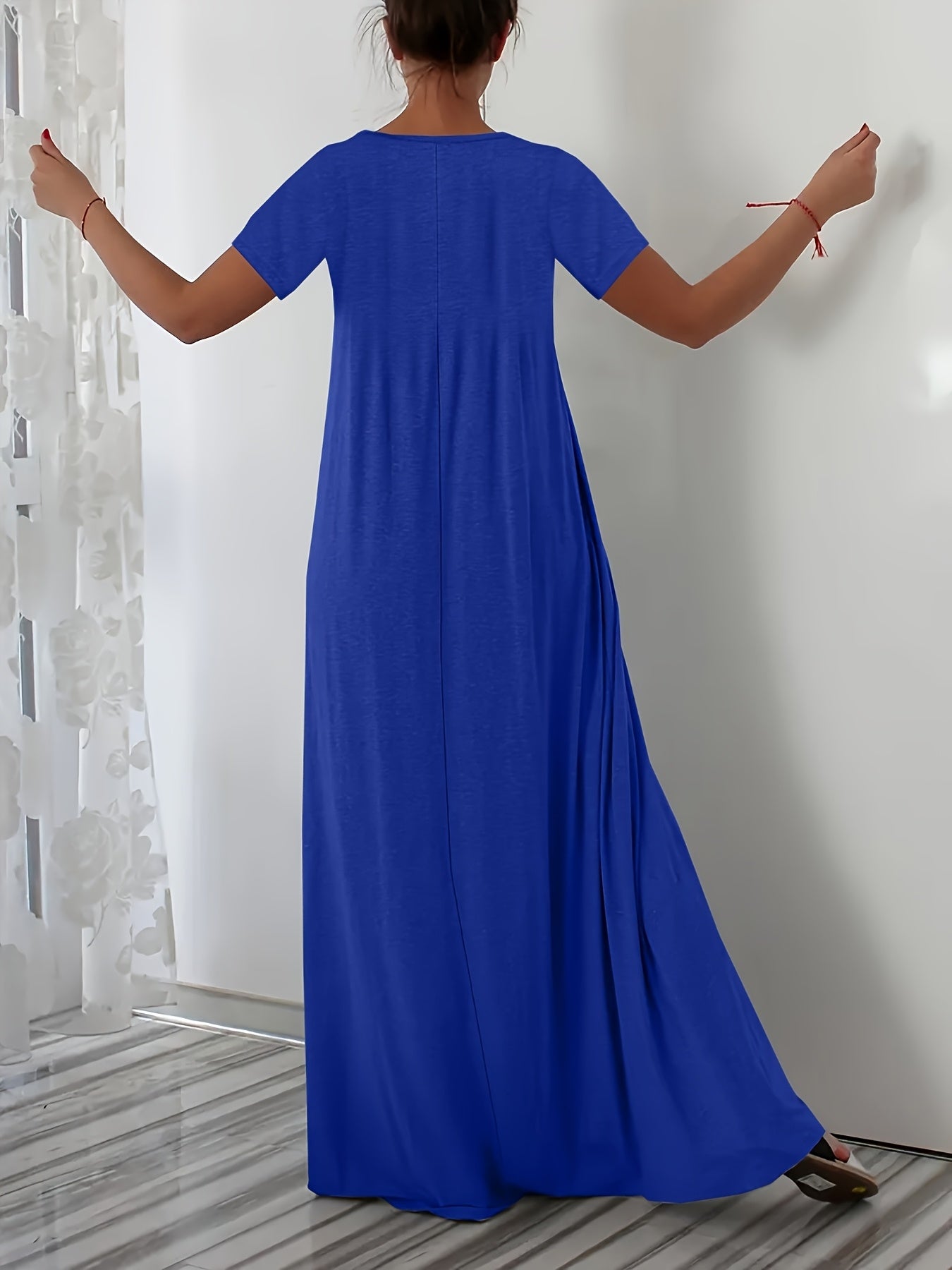 White Maxi Dress with Square Neck Short Sleeves Pockets Flowing Silhouette Polyester Blend