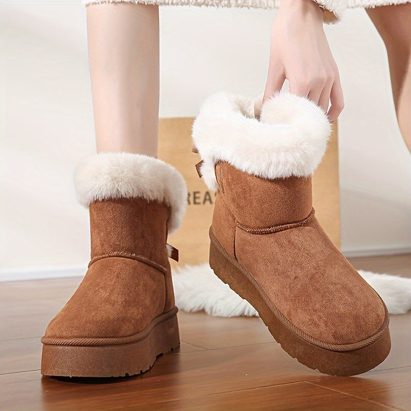 Women Fleece-Lined Mid-Calf Snow Boots with Thick Platform, Brown