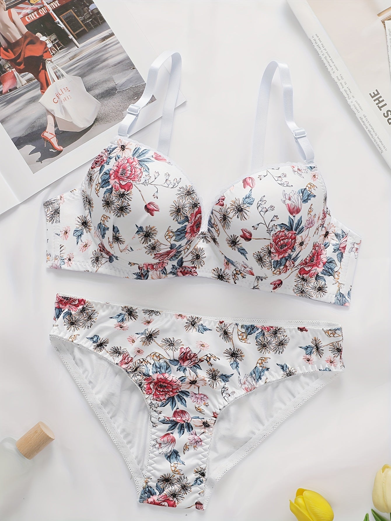 Women's Floral Push-Up Lingerie Set with Underwire Support and Ruched Details