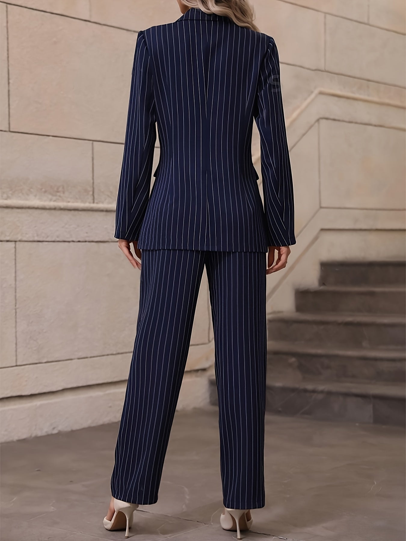 Women's Polyester Pinstripe Suit Set with Long Sleeve Blazer and Trousers for Spring Fall
