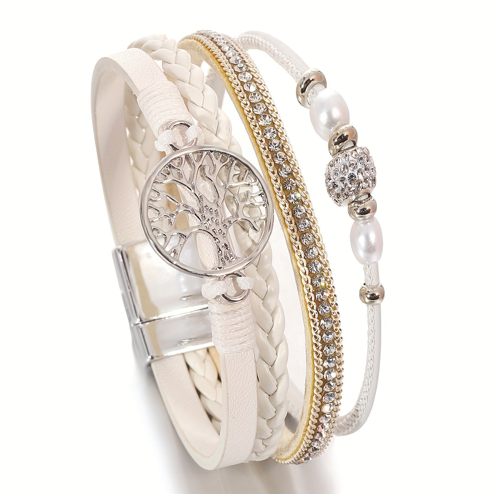 Multi-Layer Faux Leather Wristband with Tree of Life Charm and Rhinestones