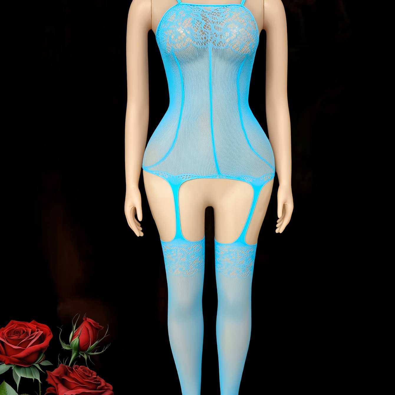 Women's Mesh Bodysuit and Tights Set Black Plus Size Hollow Fishnet