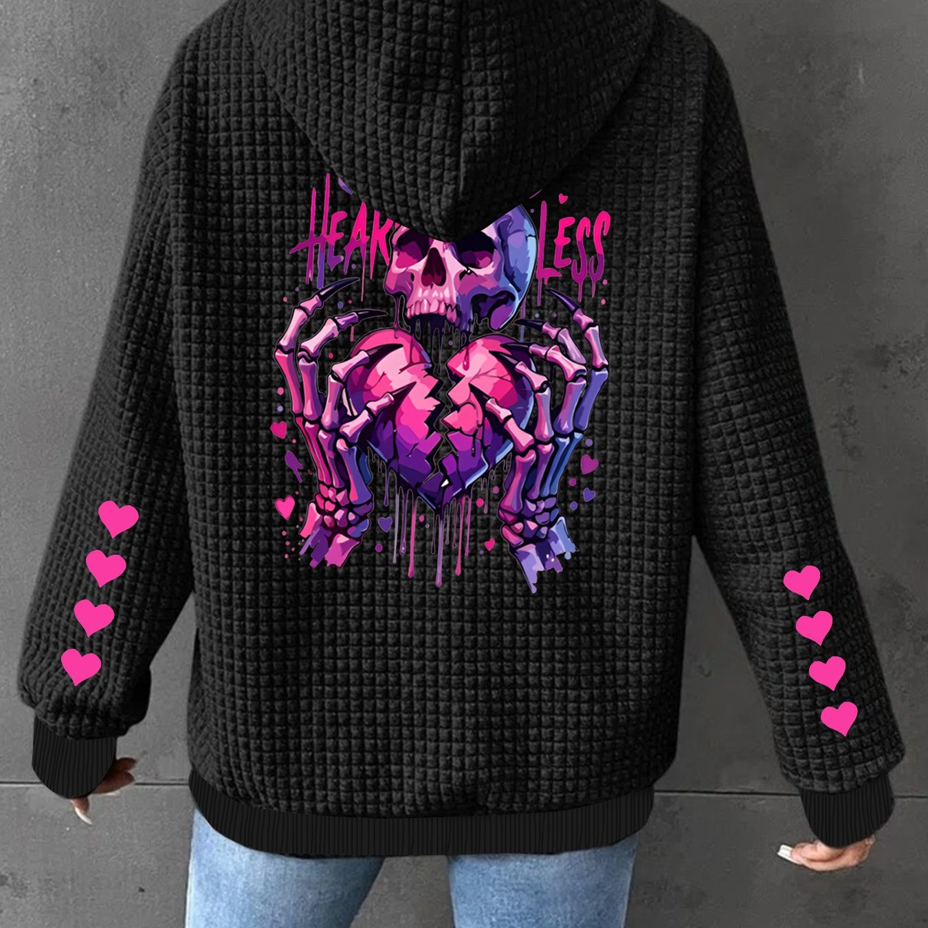 Women Waffle Jacket Zip Hooded Casual Printed Outerwear