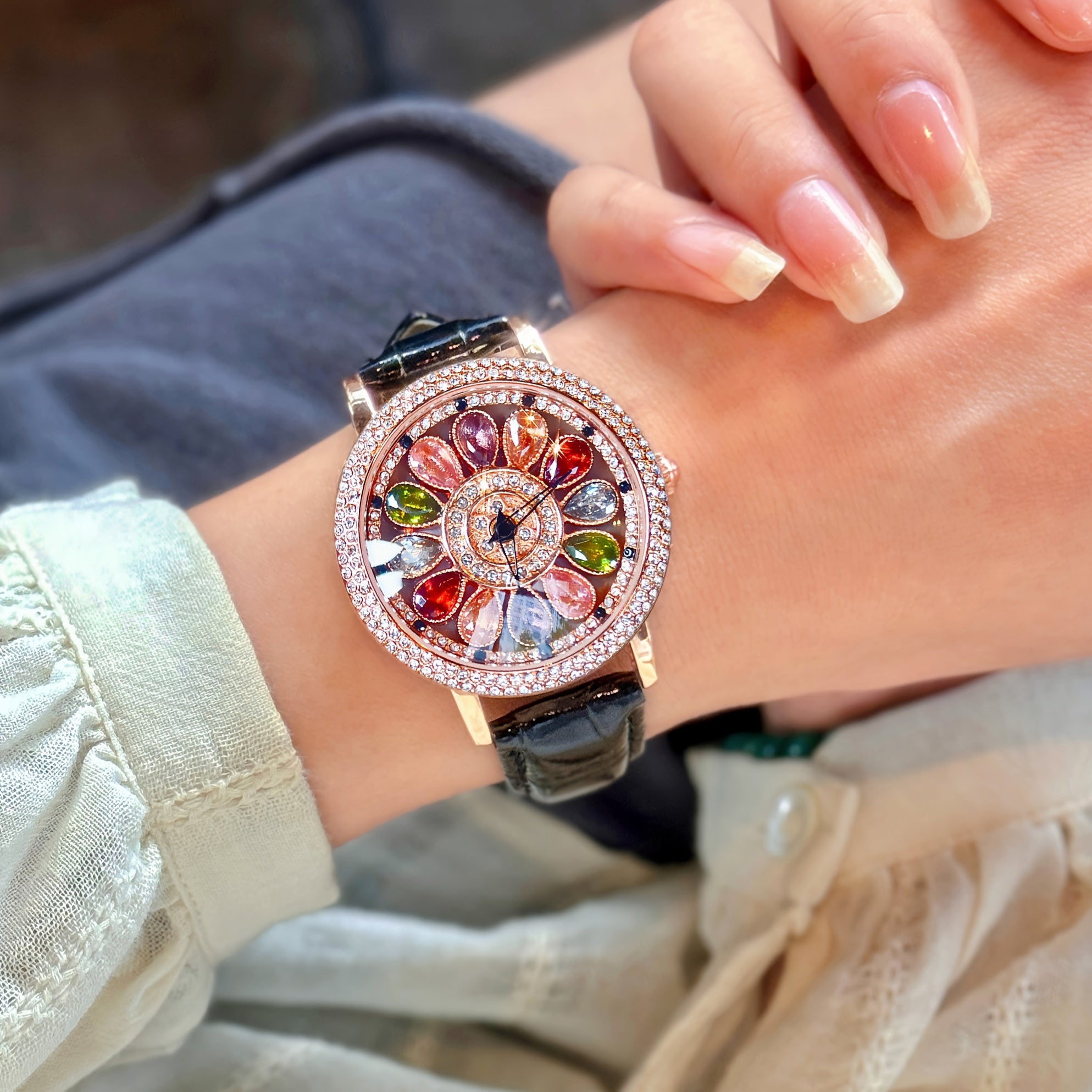 Women's Quartz Watch with Colorful Rhinestones, Alloy Case, PU Leather Strap