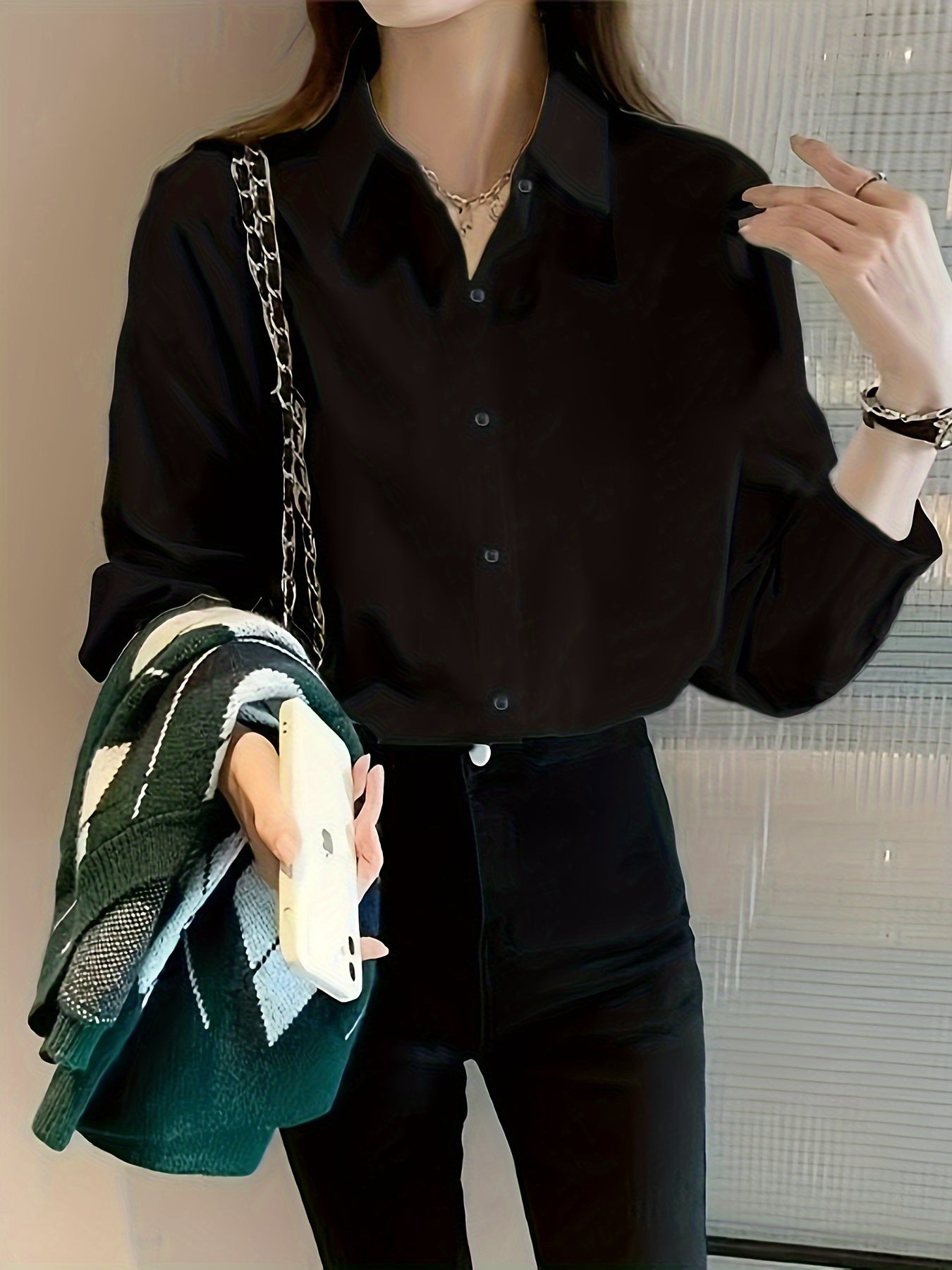 Women's Black Long Sleeve Shirt with Lapel Collar and Belly Support Casual Top