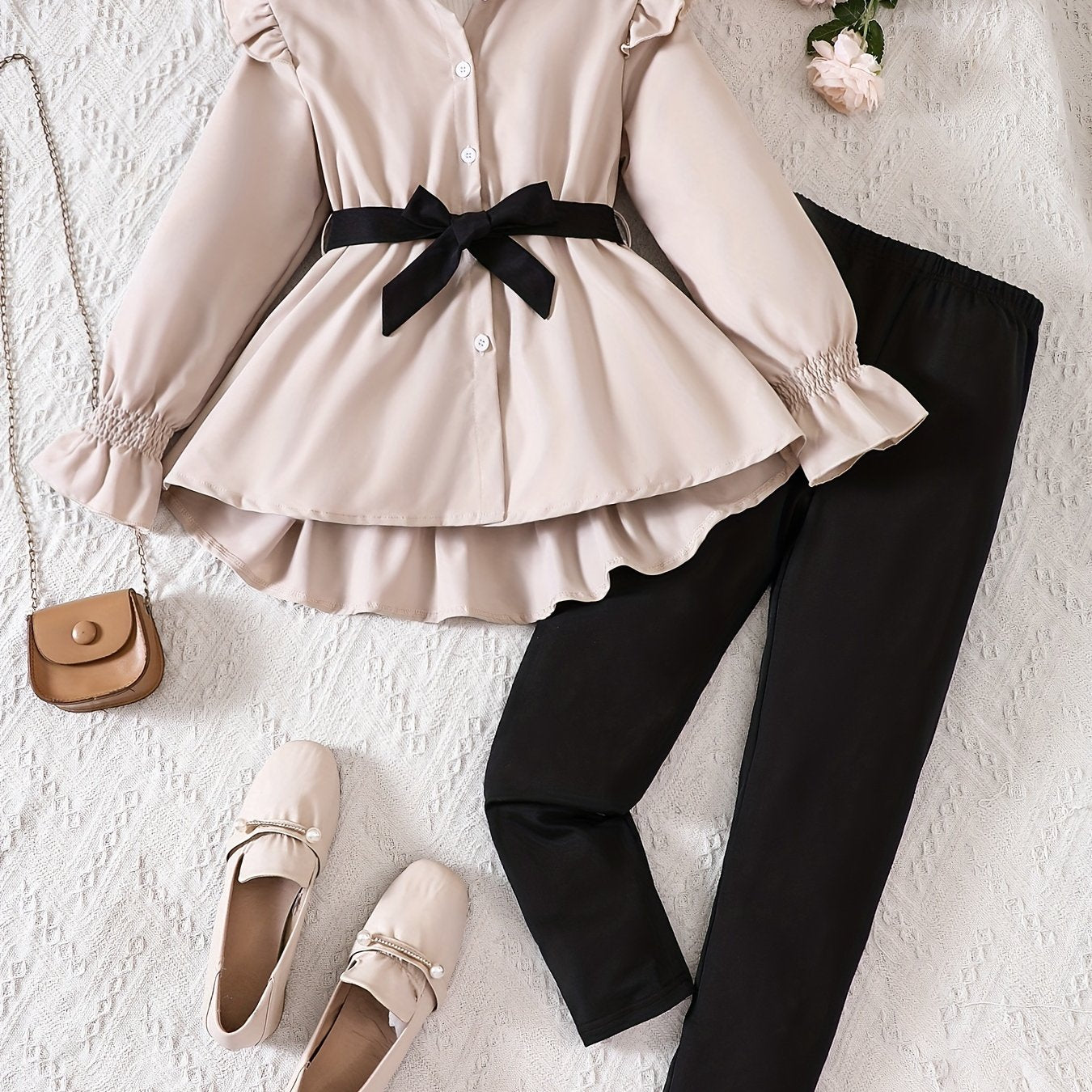 Girls Fall Outfit Set with Bell Sleeve Shirt and Black Leggings for Kids