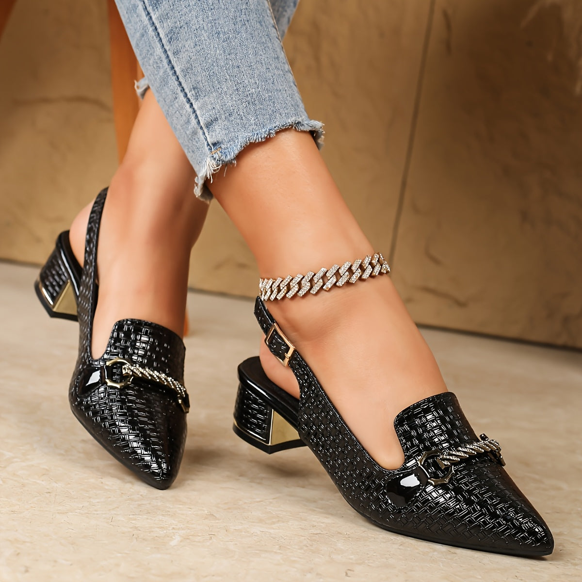 Women's Black PU Mules with Metallic Buckle, Chunky Heel, Pointed Toe
