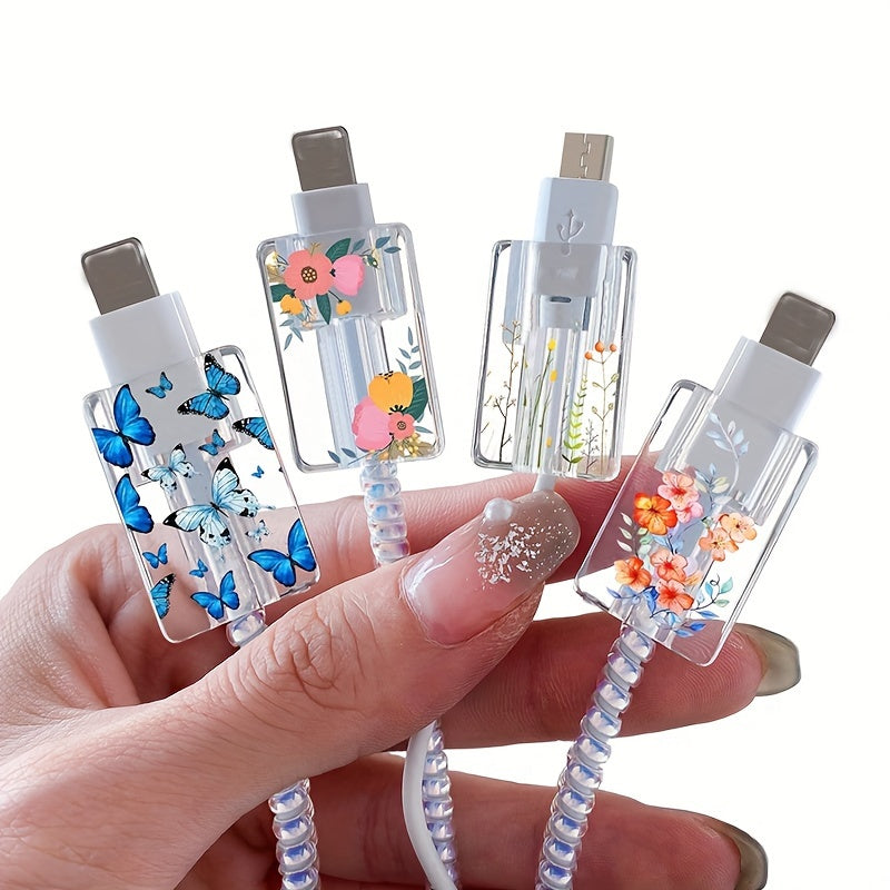 iOS заряд кабеллари учун 4 та Leopar чопи кабель аксессуарлари тўплами, клиплар, қопламалар ва мўлжалданишга қарши хусусиятлар билан