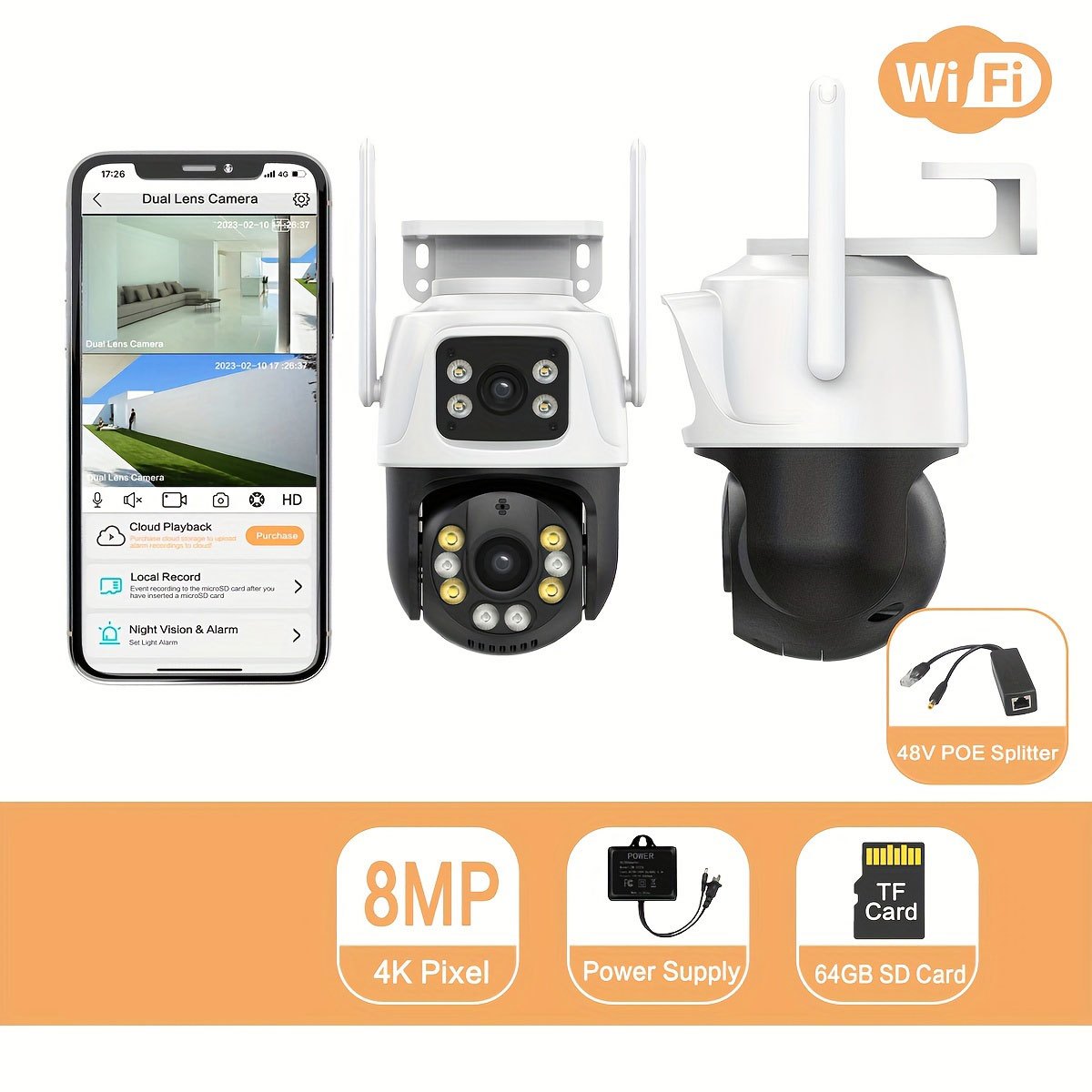 4K Dual-Lens WiFi Security Camera with Night Vision Motion Detection and Two-Way Audio