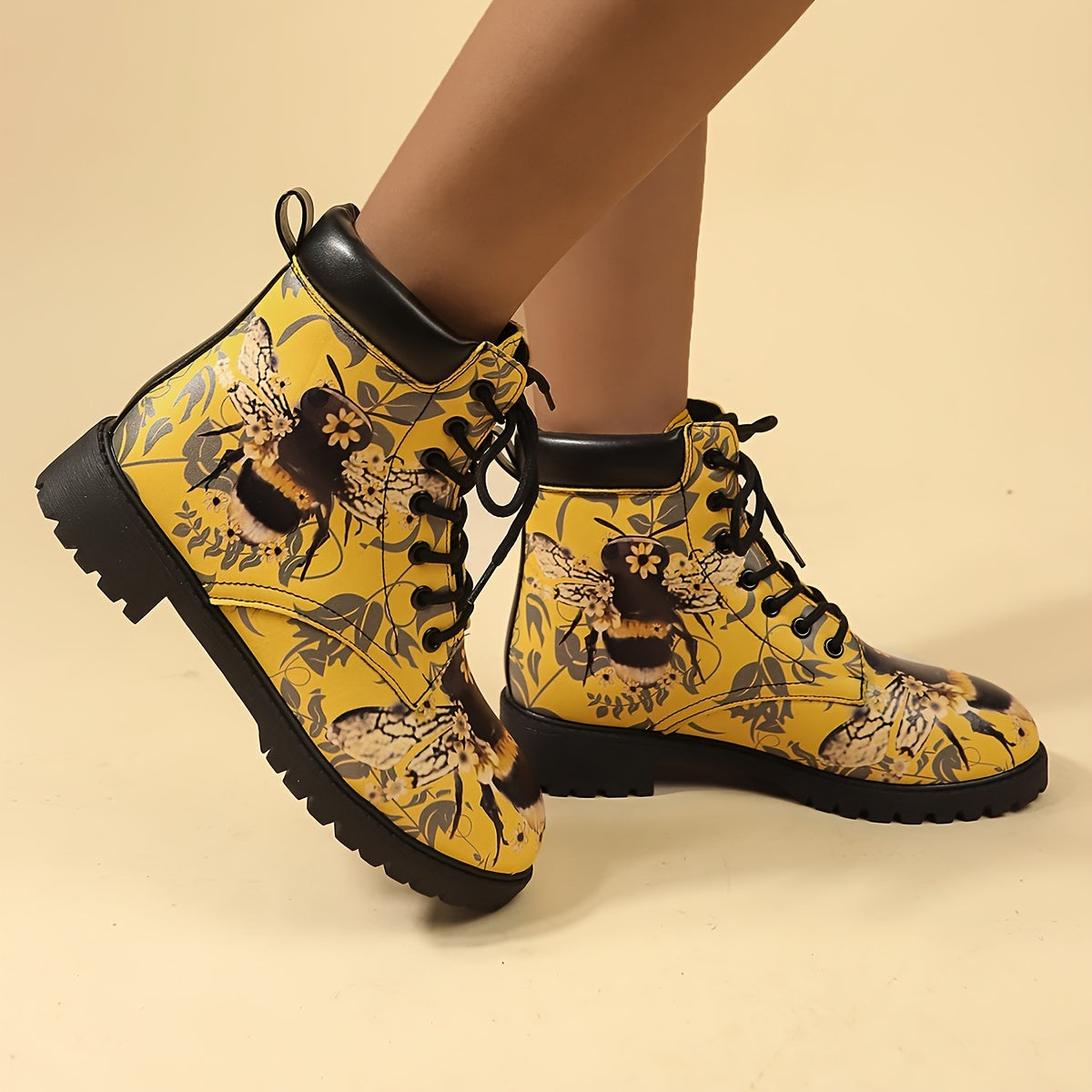 Women's Bee Print Casual Strap Heels Low Wedge Ankle Booties