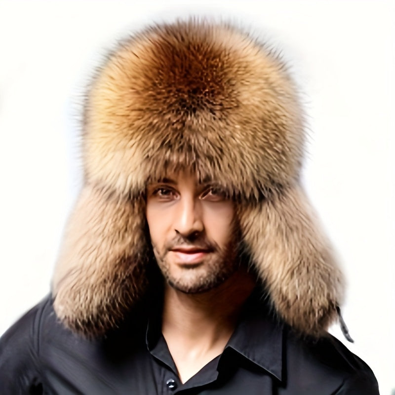 Erkaklar uchun hashamatli sun'iy mo'yna traper shlyapa, bombardimon uslubi, yumshoq mo'yna trim, Rossiya uslubidagi ushanka. Qo'lda yuvish/quruq tozalash, qishki qulaylik uchun polyester astar.