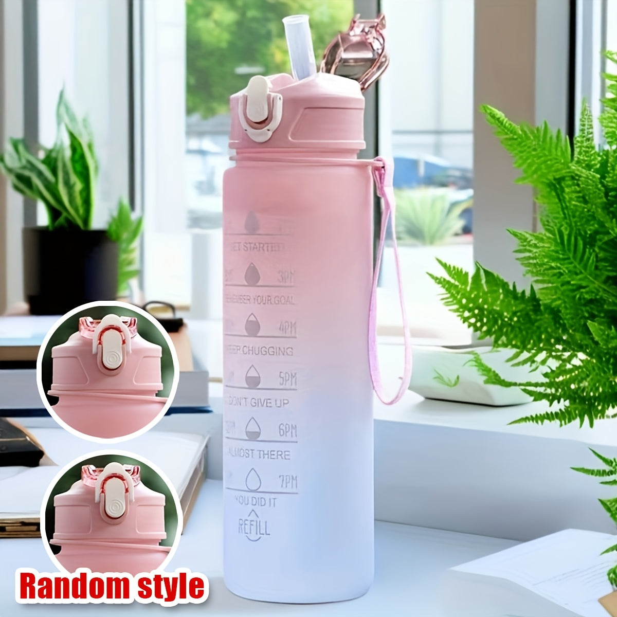 Gradient Water Bottle with Straw and Time Marker, Leakproof Sports Cup