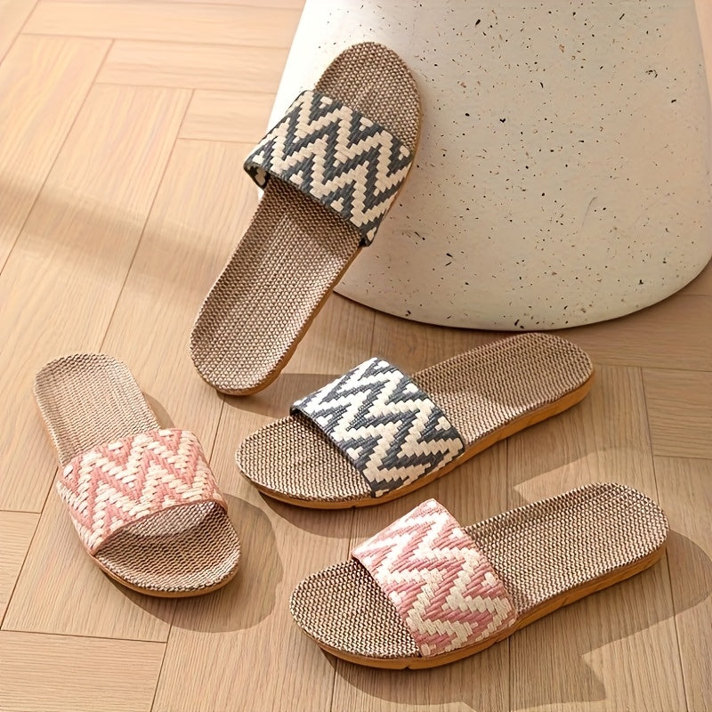 Unisex Linen Slip-On Slippers with Chevron Pattern Non-Slip EVA Sole