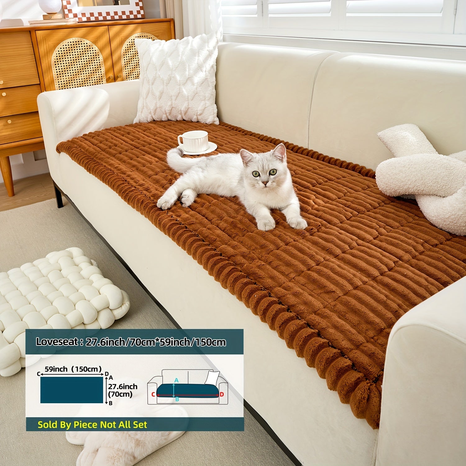 Boho Style Quilted Short Plush Sofa Cover with Ruffle Design Non-Slip Pet Friendly Machine Washable