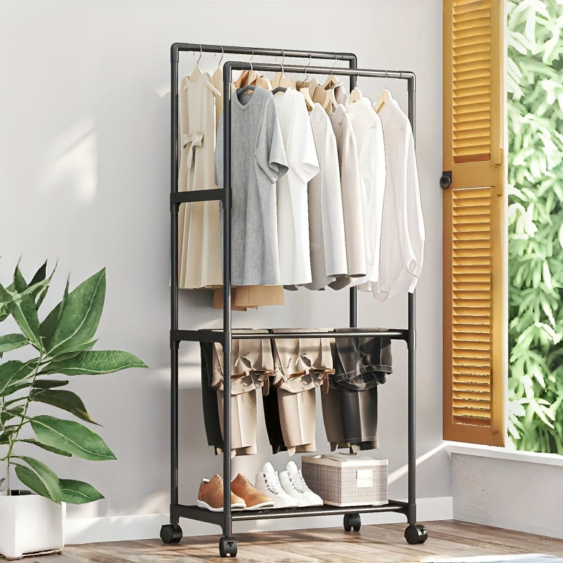 Perchero independiente con ruedas y estantes, altura de 147.98cm, organizador de ropa expandible