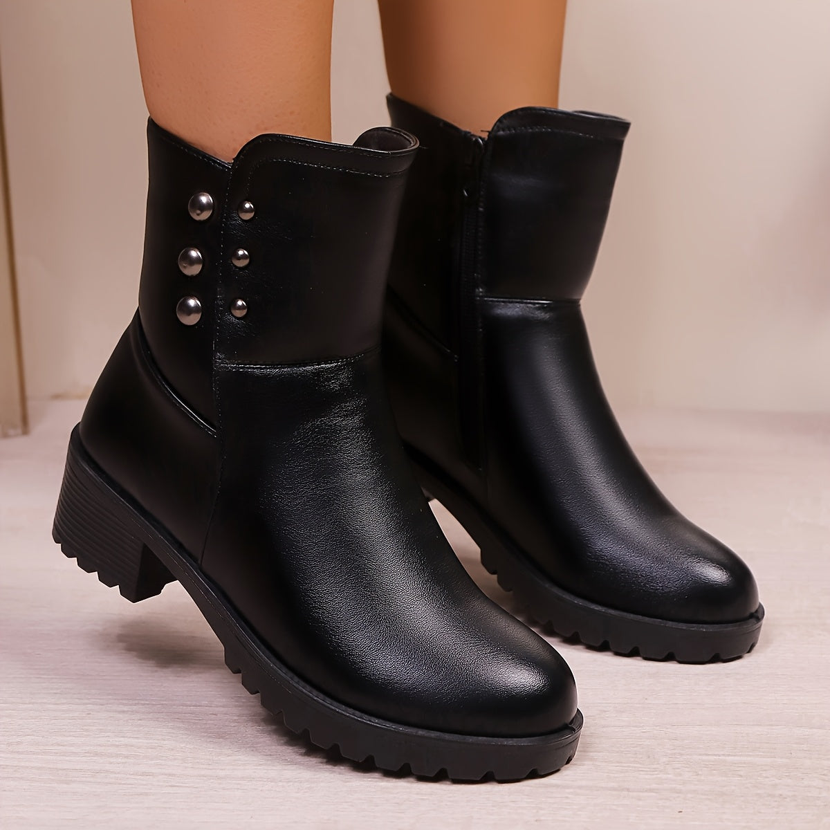 Women's Faux Leather Mid-Top Ankle Boots with Side Zipper and Chunky Heel