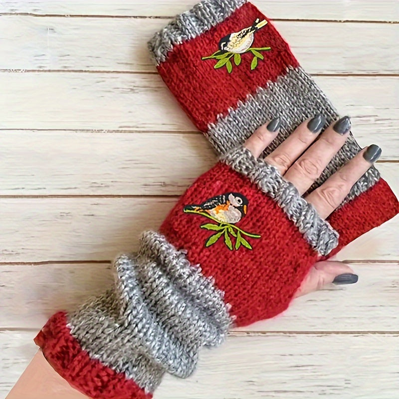Warm Fingerless Gloves with Double Color Block Design and Hummingbird Embroidery