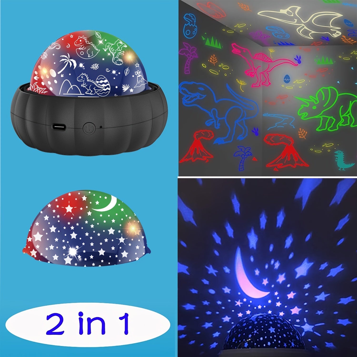 Night Light with Dinosaur and Moon Stars Galaxy Projection 360° Rotation Color Changing for Kids Bedroom