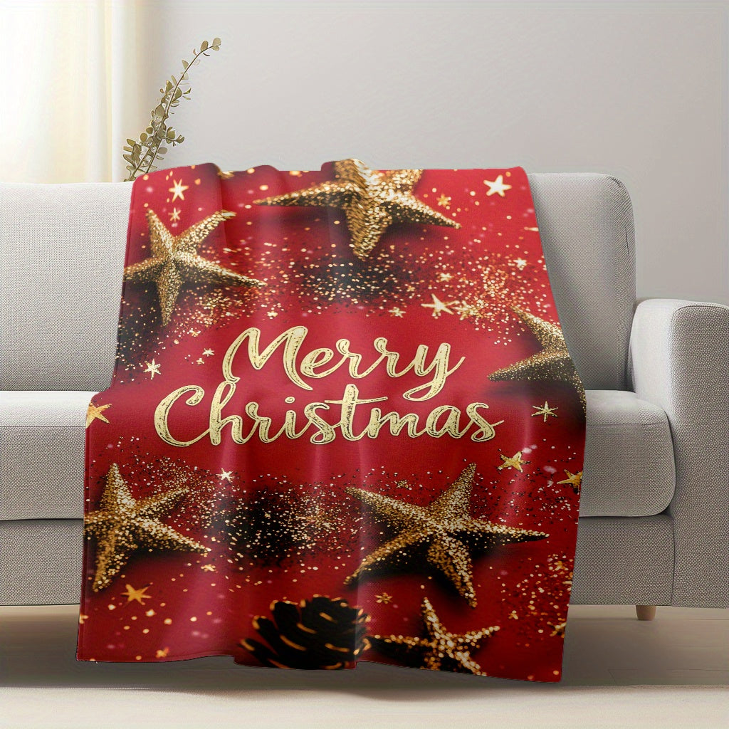 Christmas Flannel Throw Blanket with Golden Stars Red Background Soft Plush Lightweight All-Season Home Sofa Camping Car Travel