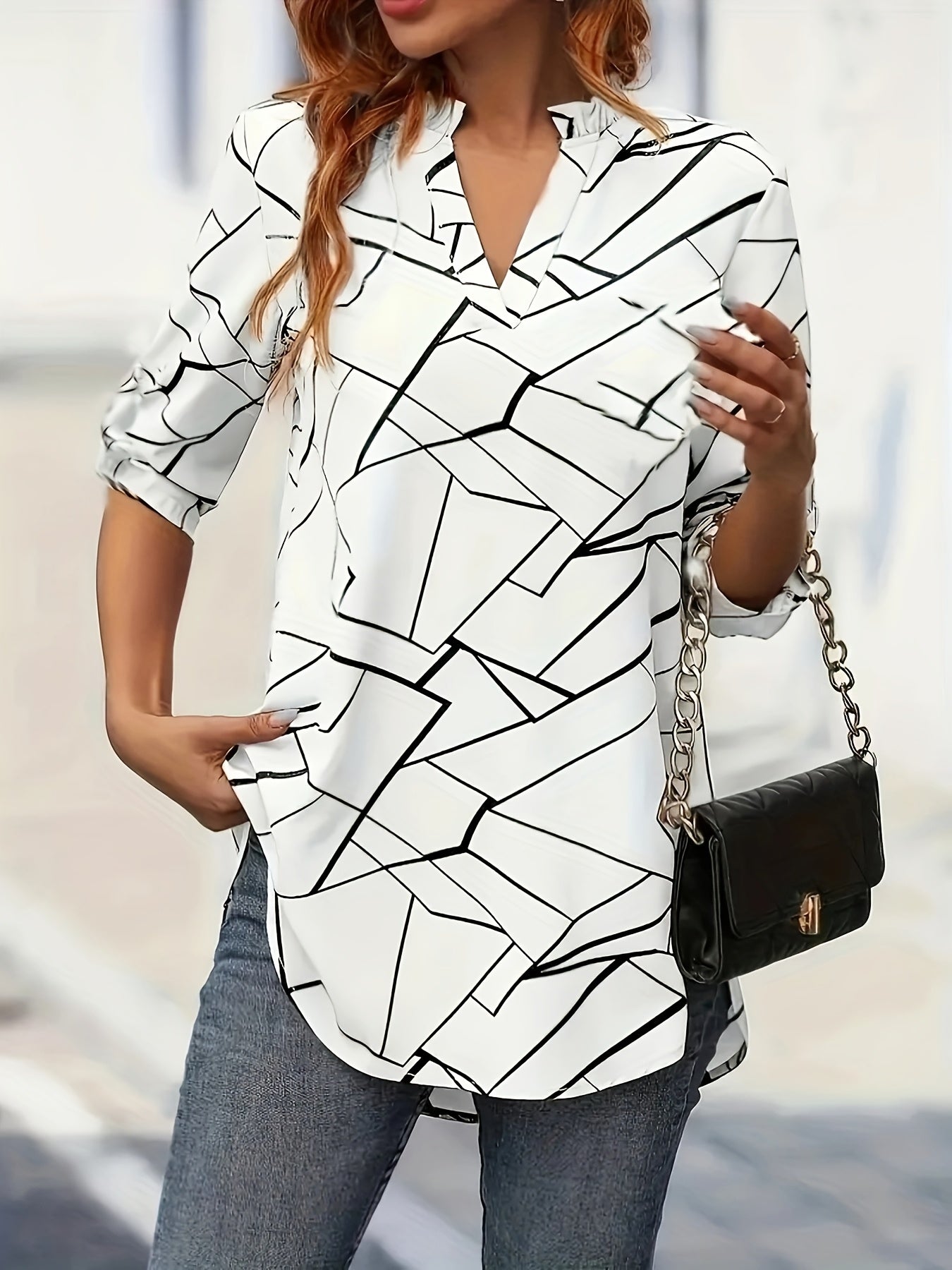 Women's Geometric Print V-Neck Blouse - Short Sleeve Button-Up Top