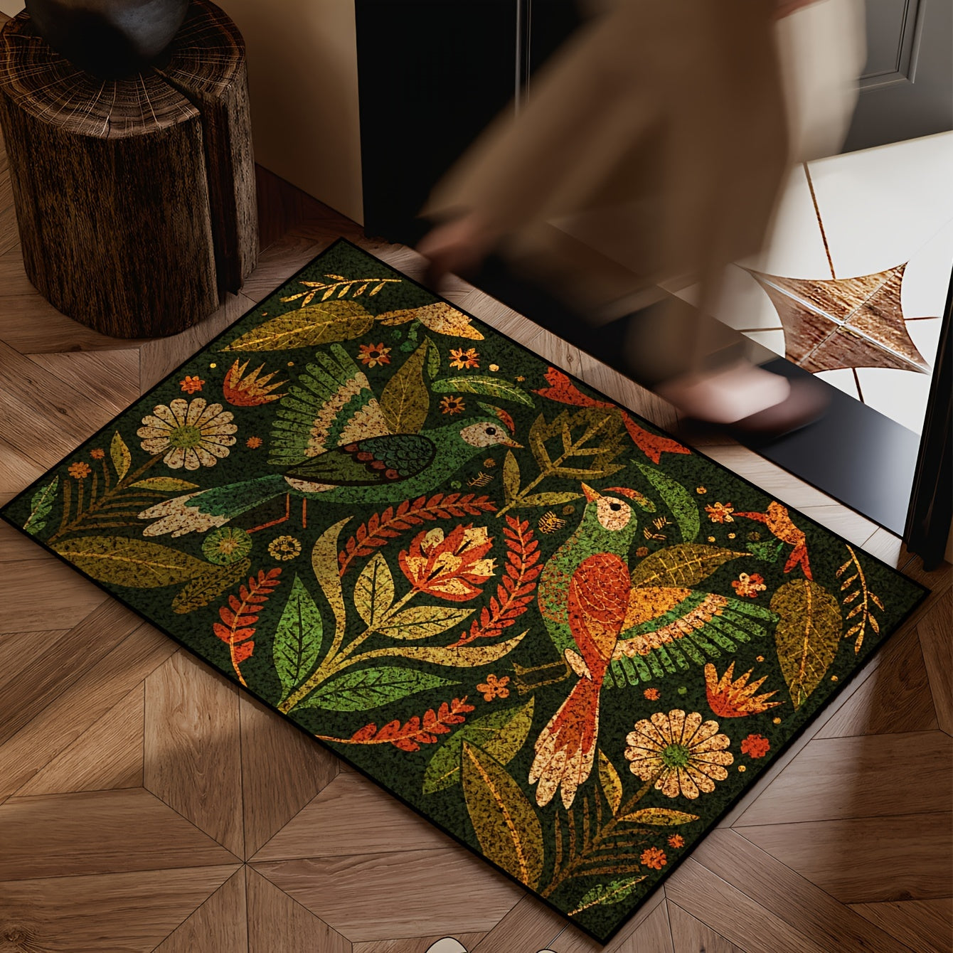 Green Bird Door Mat Non-Slip Washable Wear-Resistant Entryway Rug