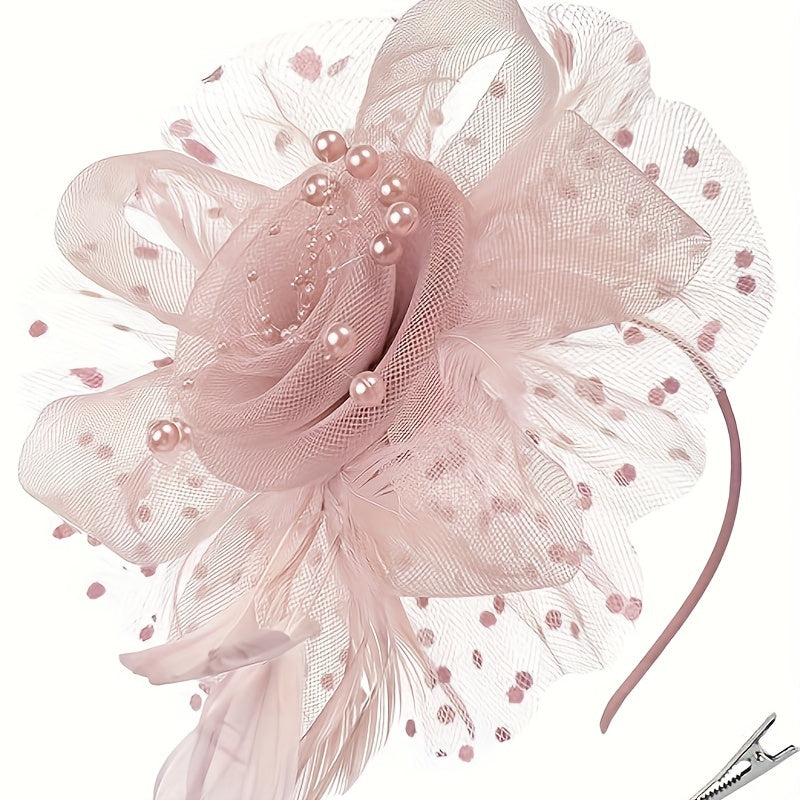 Fake Feather Fascinator Hat with Netted Tulle Hair Clip for Formal Events