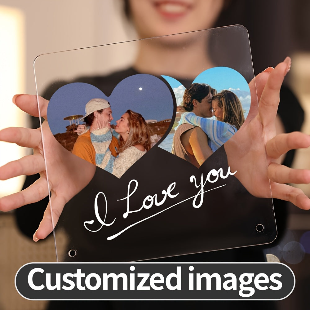 Customizable LED Light Acrylic Photo Frame with Transparent Love Heart Design for Gifts