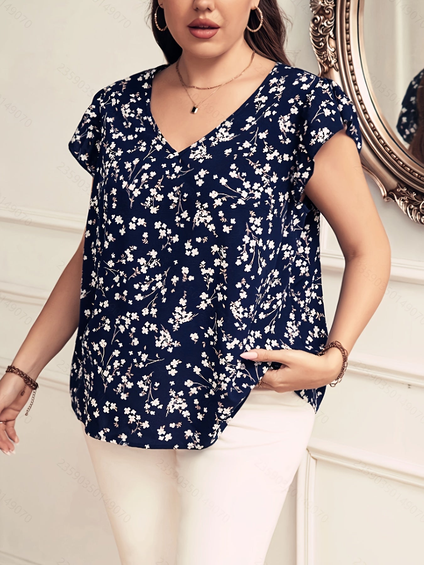 Plus Size Women's Printed Shirt Casual Short Sleeve Top Black 1X