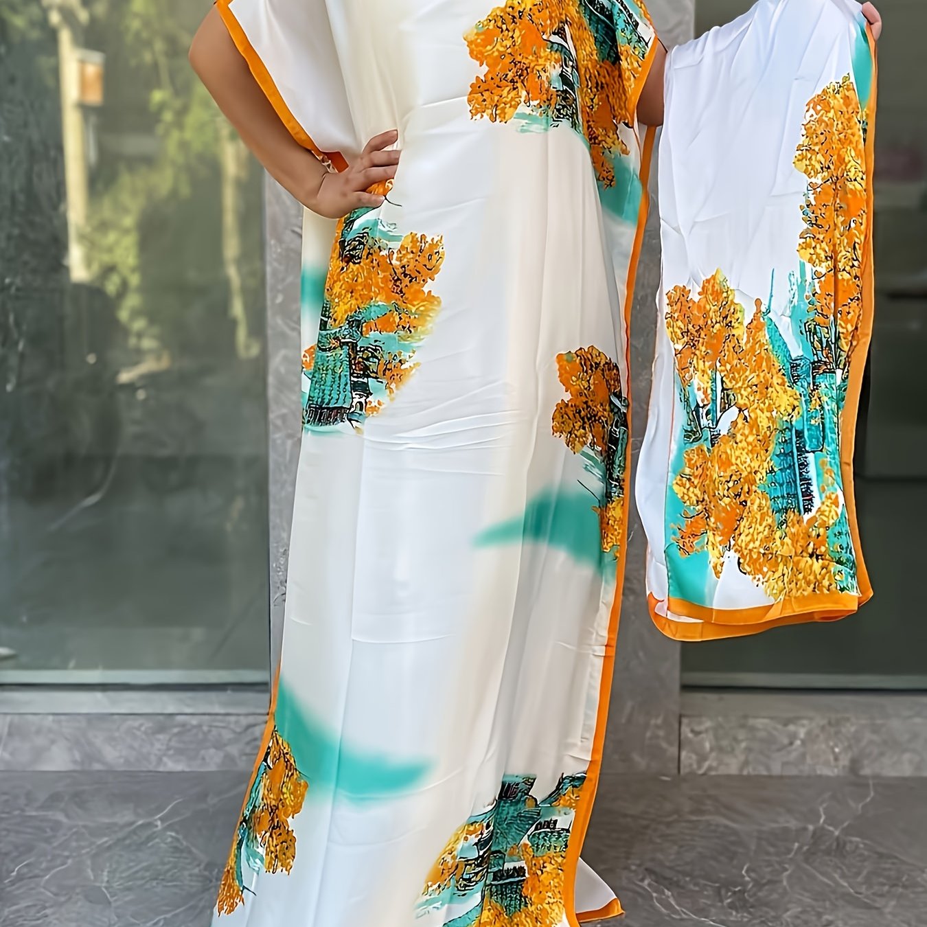 Plus Size Floral Print Longline Dress Polyester Batwing Sleeves Tassel Scarf