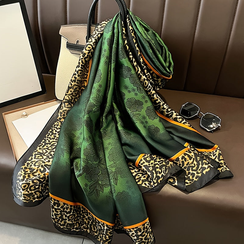 Leopard Print Flower Scarf Satin Green Sun Protection Windproof Accessory