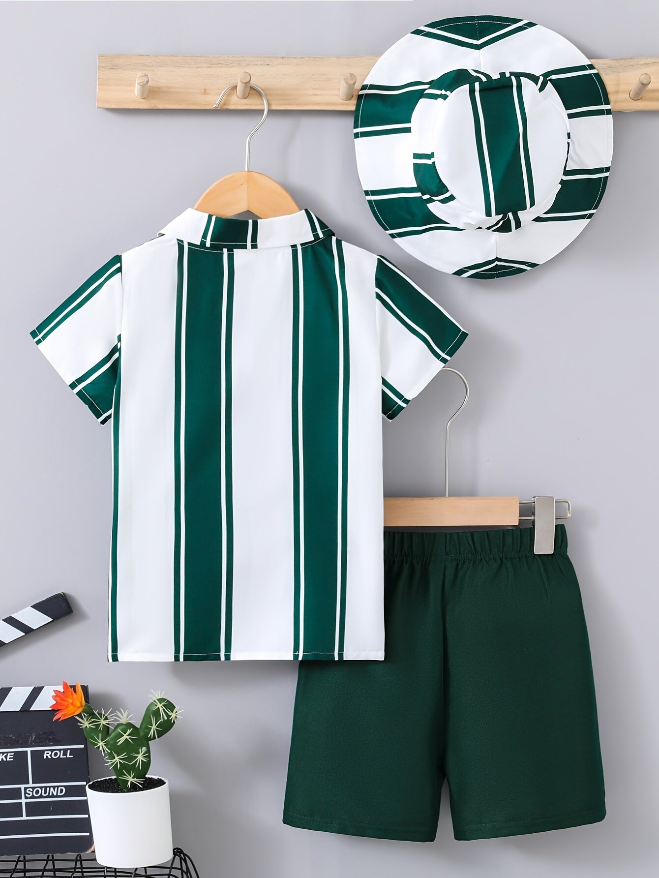 Kids Boys Summer Outfit 3-Piece Striped Shirt Shorts Hat Polyester Casual