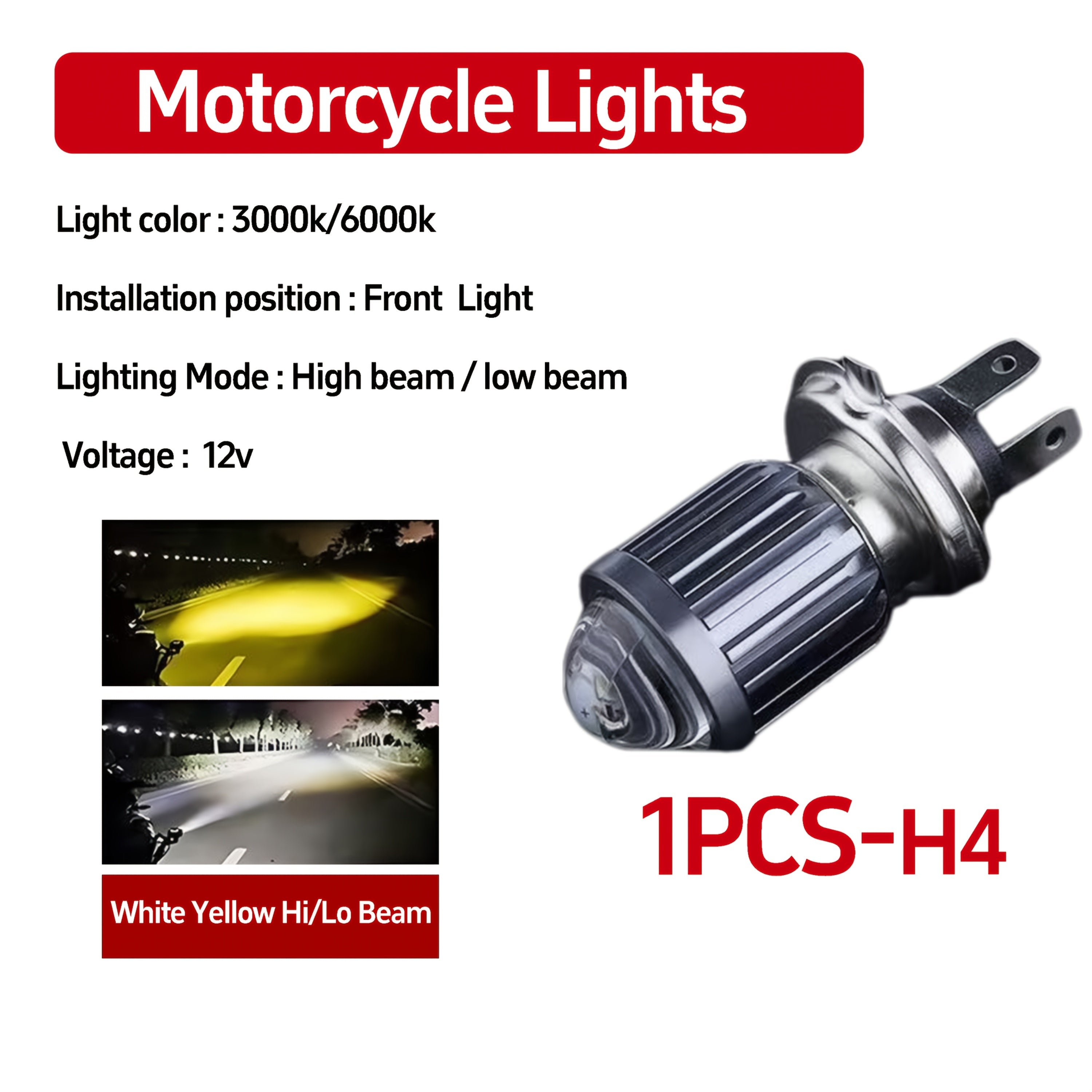 Motorcycle LED Headlight Bulb H4 Hi/Lo Beam 10000Lm Aluminum Shell