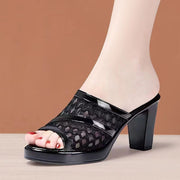 Women's Black Fishnet Slide Sandals with Chunky Heel Open Toe