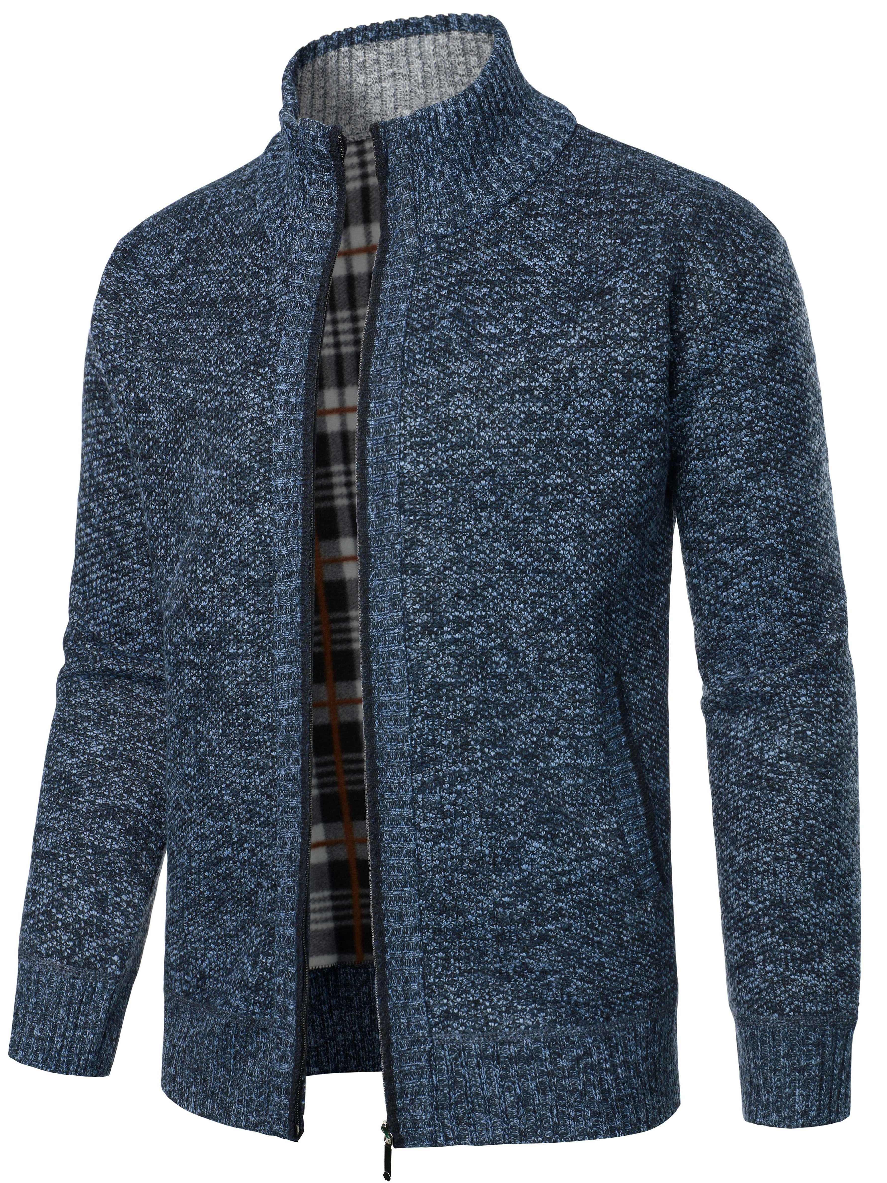Men's Casual Knit Sweater with Stand Collar Zip-Up Cardigan Solid Color Fall Winter Polyester