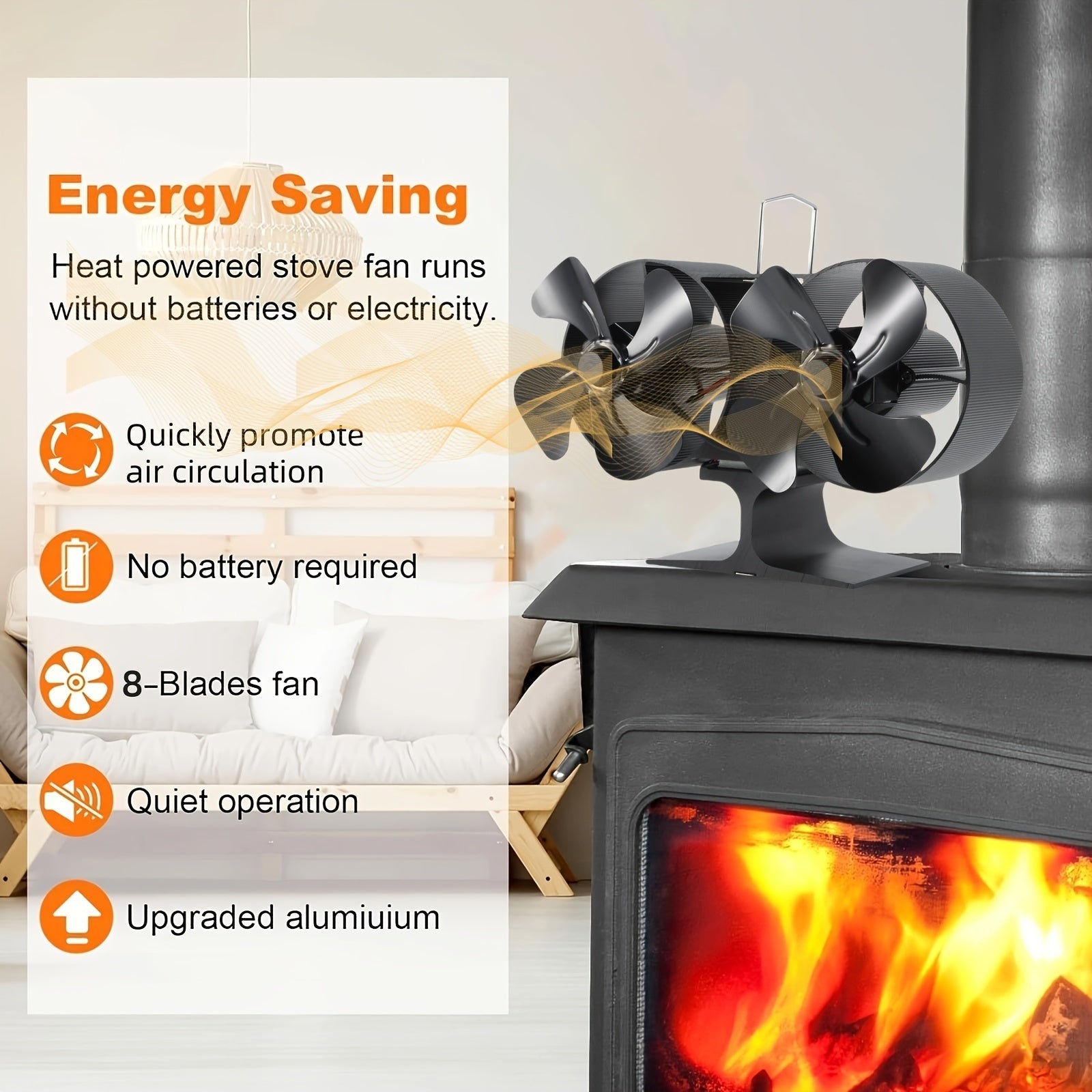 Wood Stove Fan Dual Motors Double-Headed Heat-Powered Fireplace Fan for Wood Gas Log Burners