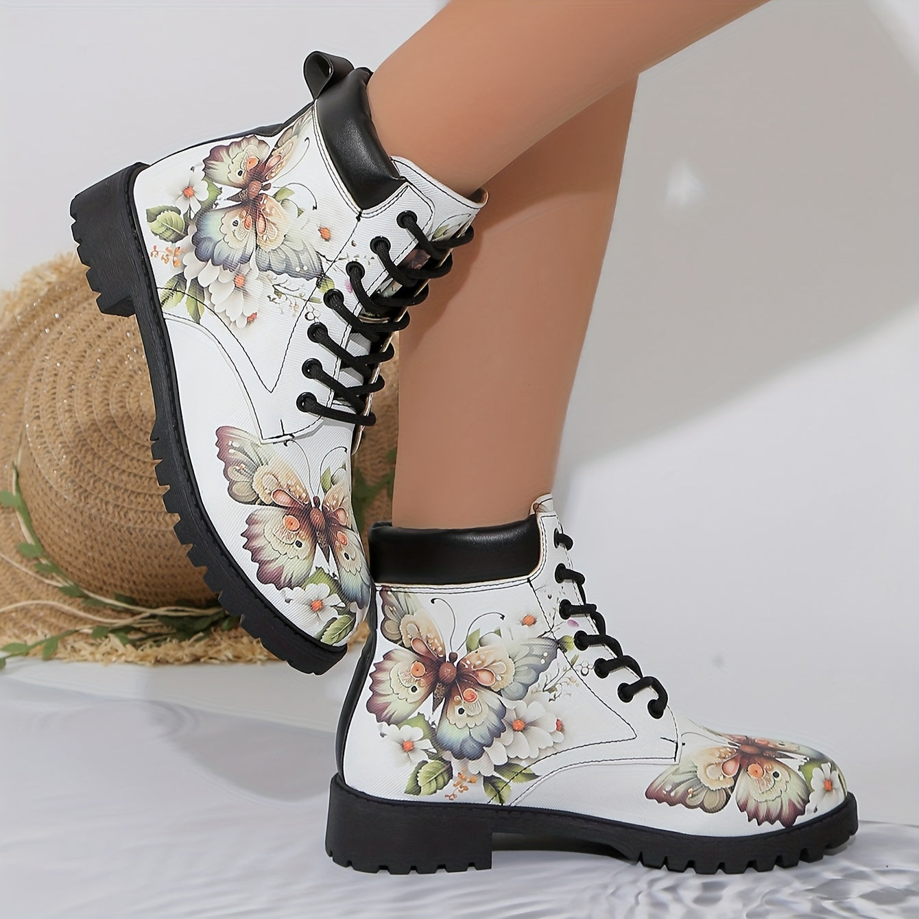 Women’s Western Ankle Boots Floral Insect Print Non-Slip Cushioned Yellow Black