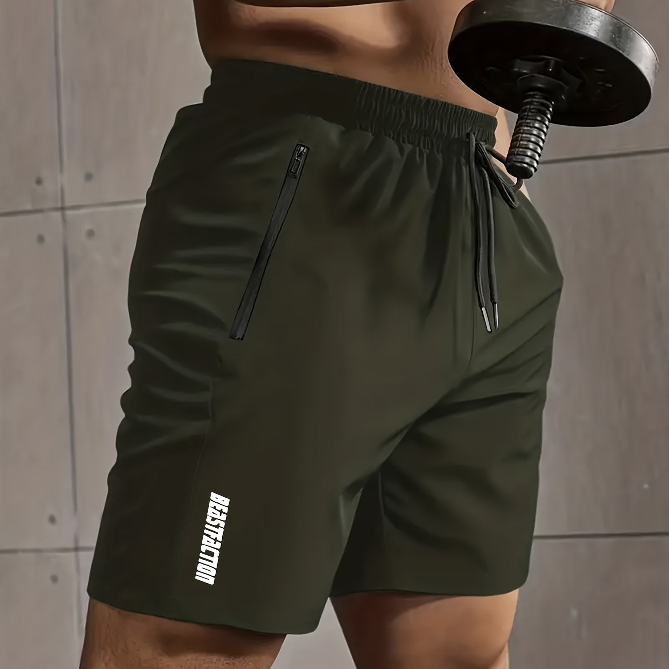 Men's Polyester Shorts with Zipper Pockets Elastic Waist Drawstring Summer Fitness