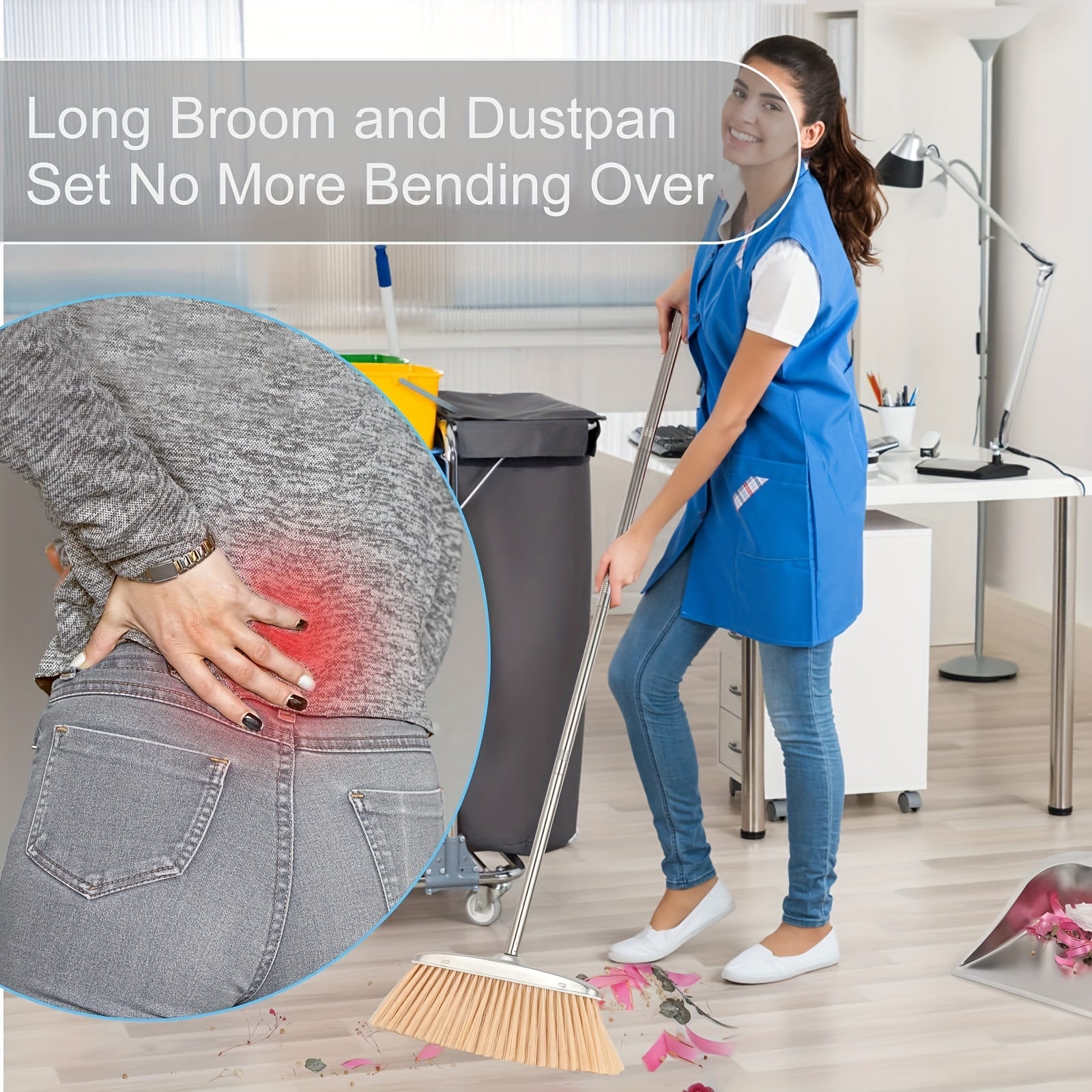 Juego de escoba y recogedor de acero inoxidable con mango extendido para limpieza en el hogar y al aire libre